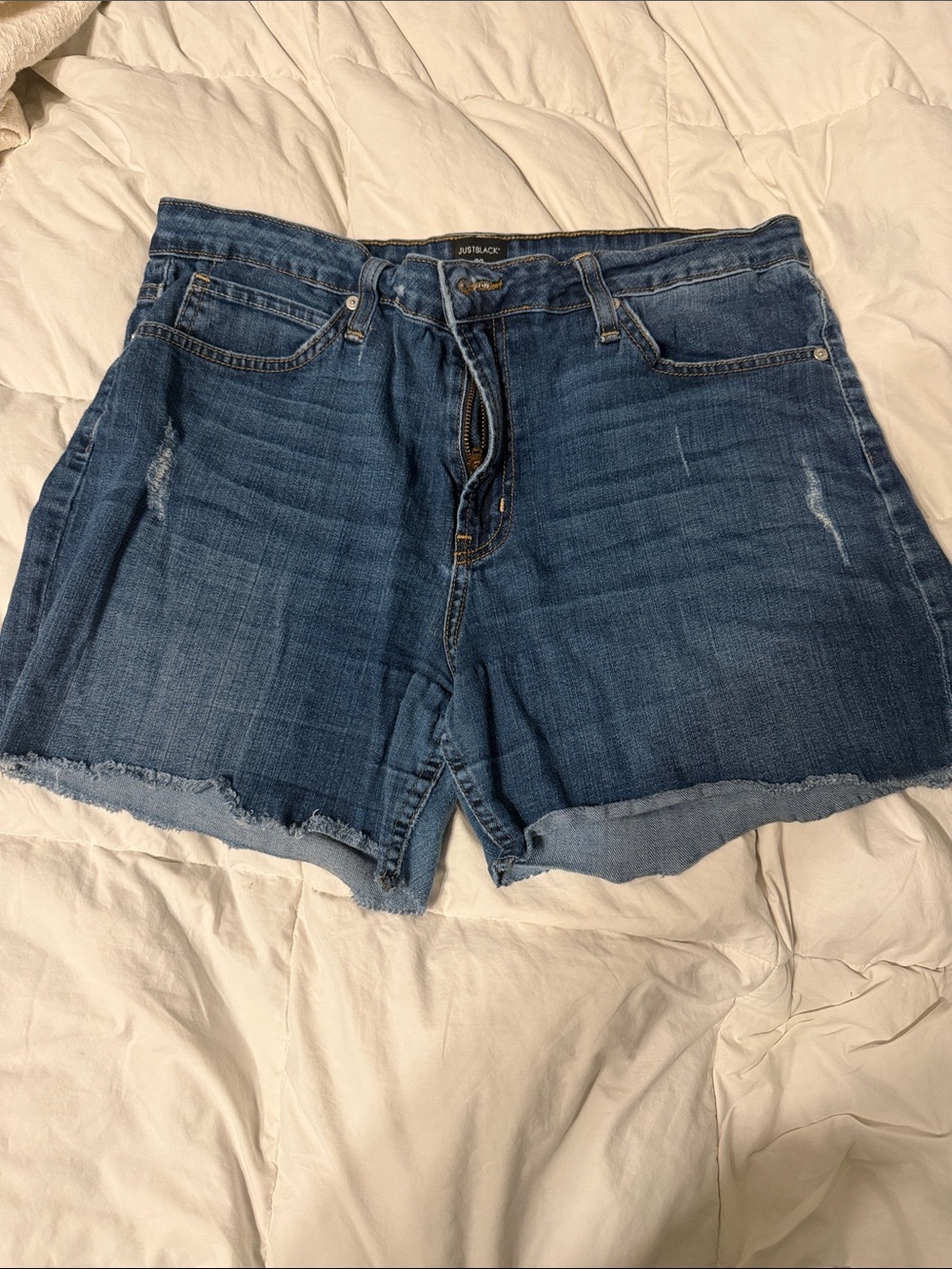 Just Black Medium Wash Frayed Hem Jean Shorts